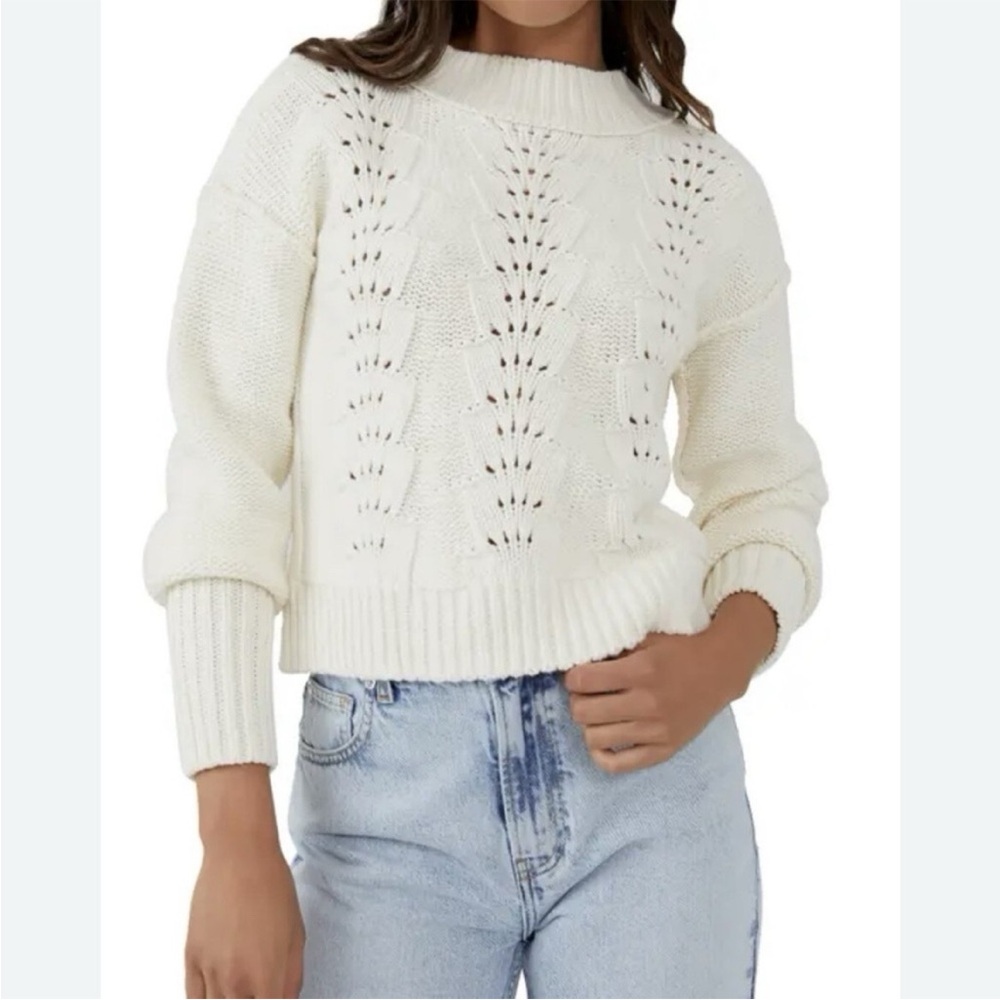 Free People White Bell Song Eyelet Knit Sweater Crew Neck Crop Coastal Preppy XS